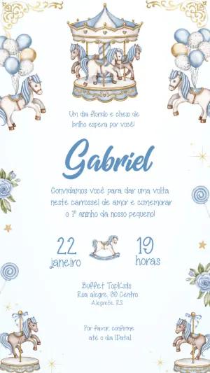 Convite de Aniversário Carrossel Azul e Dourado Editável
