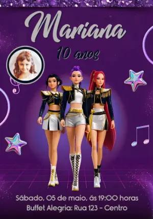 Convite de Aniversário Guerreiras do K-Pop com Foto para Editar