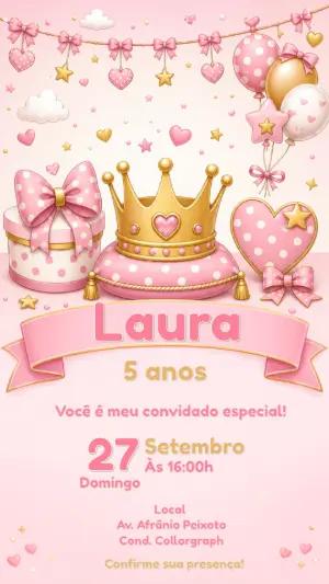 Convite Digital Aniversário Realeza Rosa e Dourado para Editar