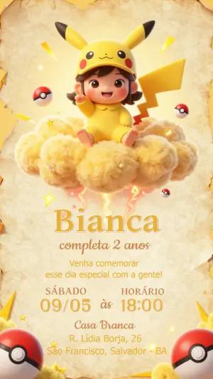 Convite de Aniversário Pikachu Fofo 3D para Editar