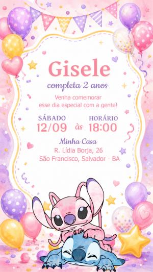 Convite de Aniversário Angel e Stitch Aquarela para Editar