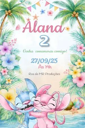 Convite Digital Aniversário Stitch e Angel Tropical Editável