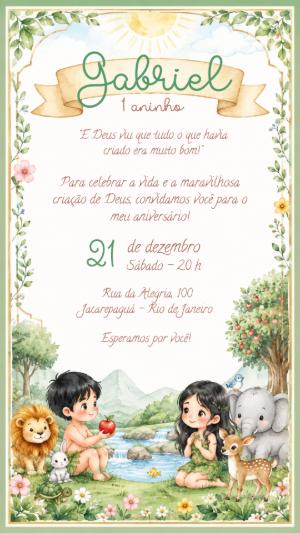 Convite Aniversário Religioso 1 Aninho Criação de Deus Editável