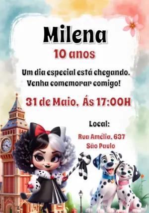 Convite de Aniversário 101 Dálmatas com Cruella para Editar