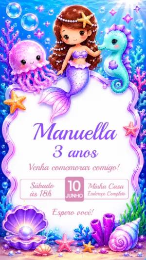 Convite de Aniversário Sereia Fundo do Mar Editável