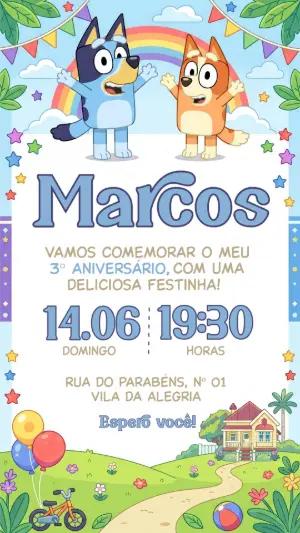 Convite de Aniversário Infantil Bluey e Bingo Editável