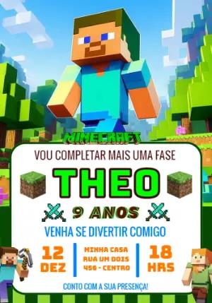Convite Digital Minecraft para Aniversário Infantil Editável
