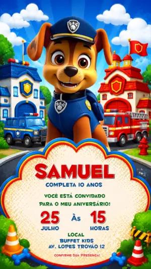 Convite de Aniversário Patrulha Canina Chase Editável