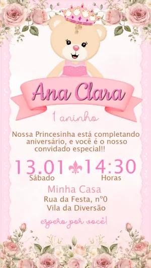 Convite de Aniversário Ursinha Princesa Floral Rosa para Editar