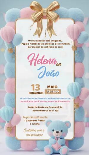 Convite Chá Revelação Ursinho com Balões Rosa e Azul Editável