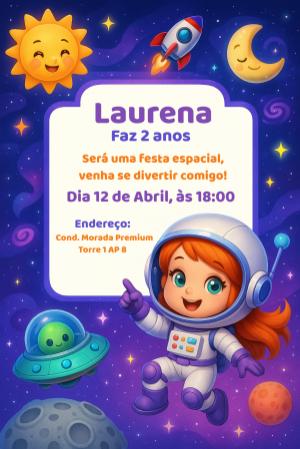 Convite de Aniversário Astronauta Menina para Editar Online
