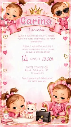 Convite de Aniversário Poderosa Chefinha Rosa Editável