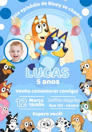 Convite de Aniversário Bluey e Bingo Editável com Foto