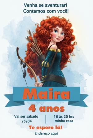Convite de Aniversário Princesa Valente Merida Editável