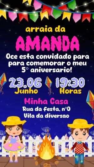 Convite de Aniversário Festa Junina Infantil Colorido para Editar