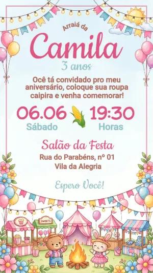Convite de Aniversário Festa Junina Menina Editável