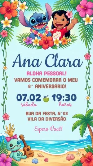 Convite de Aniversário Lilo e Stitch Tropical Editável