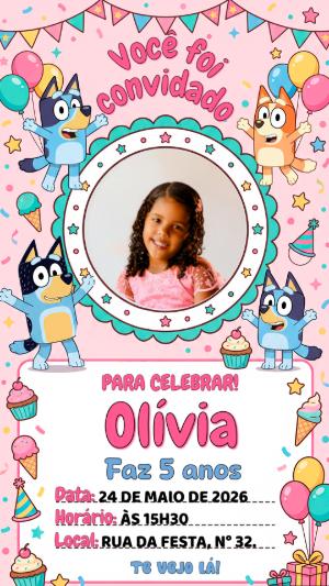 Convite de Aniversário Bluey Rosa com Foto Modelo Editável