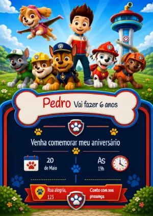 Convite de Aniversário Patrulha Canina Colorido para Editar