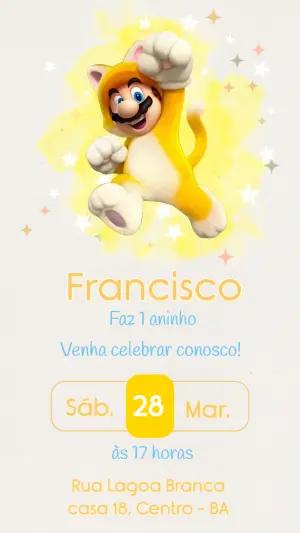 Convite de Aniversário Super Mario Gato Editável