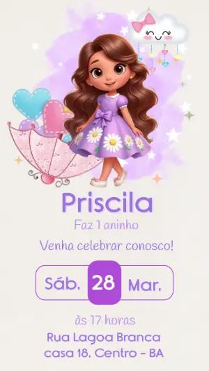 Convite de Aniversário Infantil Menina Lilás e Margaridas Editável