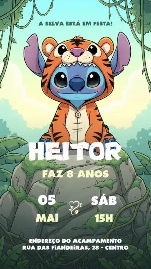 Convite Aniversário Stitch Tigre na Selva para Editar Online