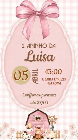 Convite Fazendinha Rosa Aniversário Infantil Editável
