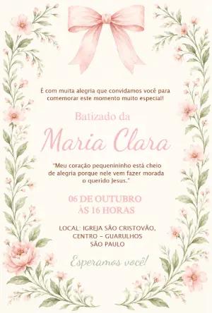 Convite de Batizado Floral com Laço Delicado para Editar
