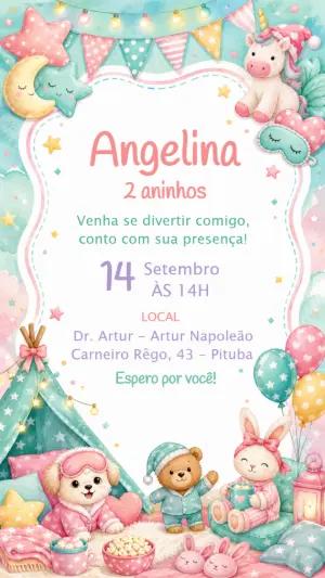 Convite de Aniversário Festa do Pijama Aquarela Editável