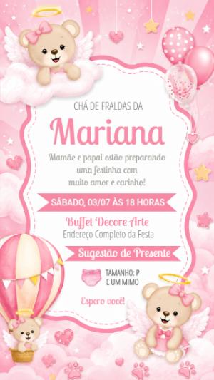 Convite Chá de Fraldas Ursinha Anjo Rosa Editável