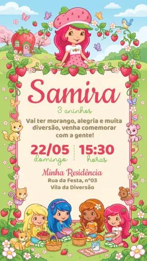 Convite Digital Tema Moranguinho Editável para Menina