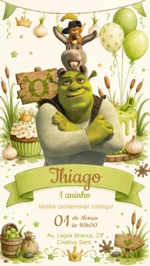 Convite de Aniversário Shrek em Aquarela para Editar