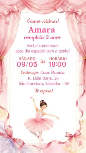 Convite de Aniversário Bailarina Rosa Delicado para Editar