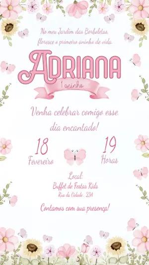 Convite de Aniversário Jardim das Borboletas Floral Editável
