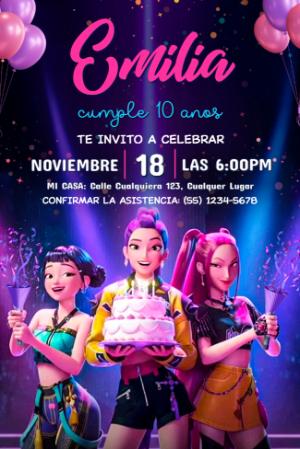 Invitación de Cumpleaños Las Guerreras K-Pop Neón