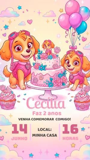 Convite de Aniversário Skye Patrulha Canina Rosa Editável