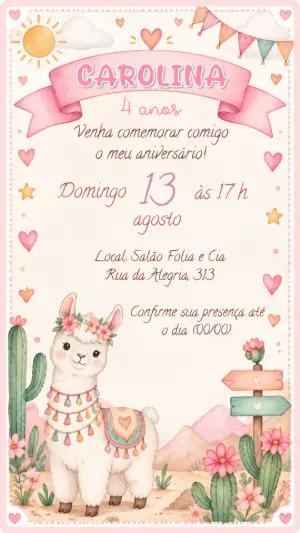 Convite Aniversário Lhama Fofa Aquarela Editável