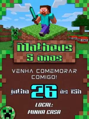 Convite de Aniversário Minecraft Pixelado para Editar