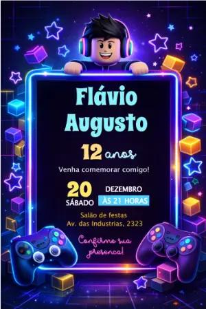Convite de Aniversário Gamer Neon Estilo Jogo para Editar