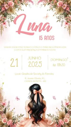 Convite de 15 Anos Floral com Ilustração para Editar Online