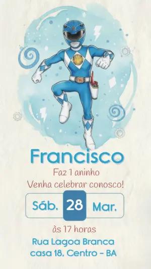 Convite de Aniversário Power Ranger Azul em Aquarela para Editar