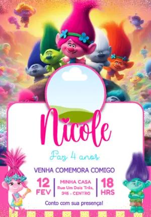 Convite de Aniversário Trolls Colorido com Foto para Editar