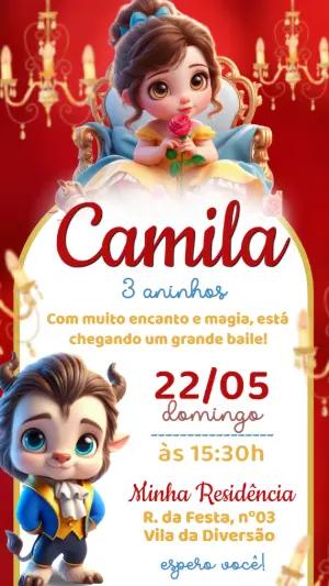 Convite de Aniversário A Bela e a Fera Fofo para Editar