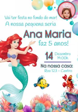 Convite de Aniversário Pequena Sereia Fundo do Mar Editável