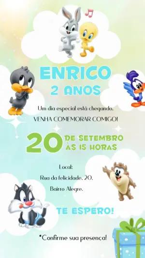 Convite Animado Aniversário Baby Looney Tunes para Editar
