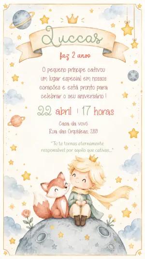 Convite de Aniversário O Pequeno Príncipe Aquarela Editável