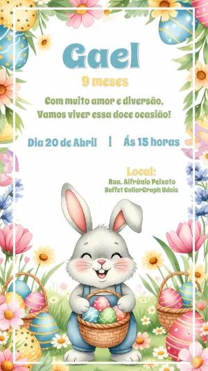Convite Mêsversário Páscoa com Coelhinho Fofo para Editar Online