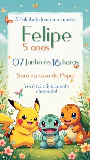 Convite Aniversário Pokémon com Personagens para Editar Online
