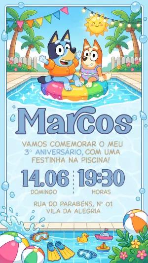 Convite de Aniversário Pool Party Bluey Infantil Editável