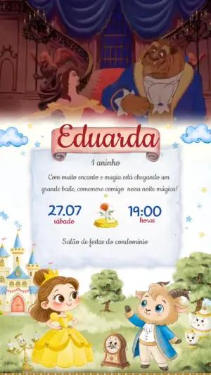 Convite Animado A Bela e a Fera Fofo para Editar